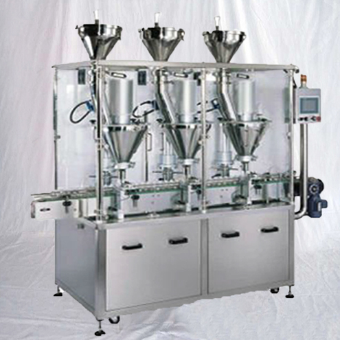 Cosmetic make-up loose powder filling jars line linear type three heads screw auger integrated with bottom labelling capping weight check equipment